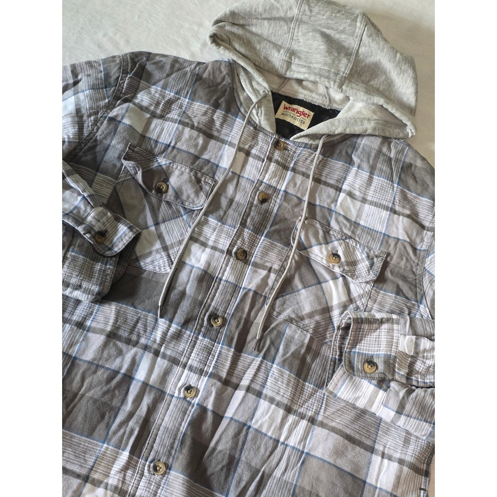 Wrangler Authentics Mens XL Quilted Lined Plaid Hooded Flannel Shirt Jacket Grey